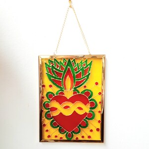 Painting, Mexico, ex-voto, heart, symbol, lucky charm, painting on glass, colored, frame, golden, decoration, handmade image 2