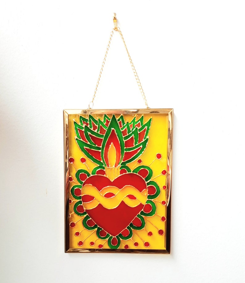 Painting, Mexico, ex-voto, heart, symbol, lucky charm, painting on glass, colored, frame, golden, decoration, handmade image 2