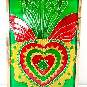 Painting, Mexico, ex-voto, heart, symbol, lucky charm, painting on glass, colored, frame, golden, decoration, handmade image 7