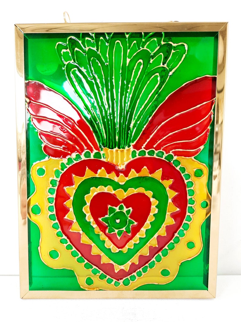 Painting, Mexico, ex-voto, heart, symbol, lucky charm, painting on glass, colored, frame, golden, decoration, handmade image 7