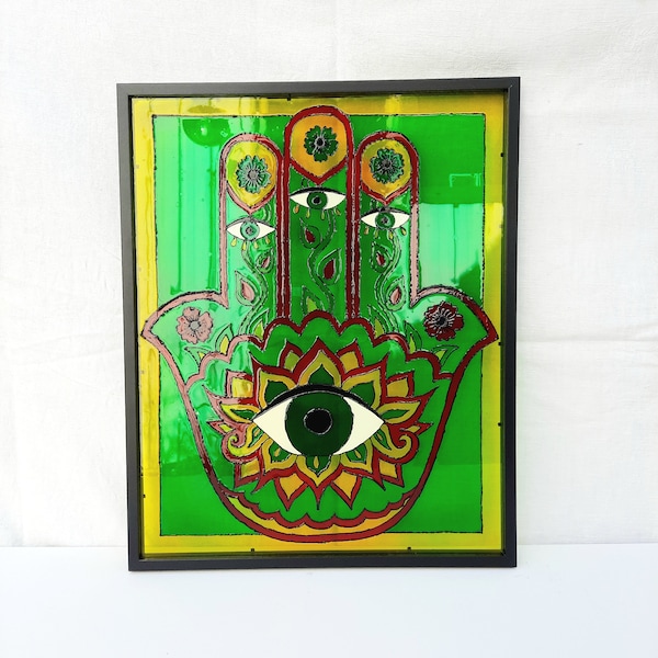 Tableau, peinture sur verre, main de Fatma, symbole, porte-bonheur, vitrail, cadeau mariage, décoration, fait main, coloré