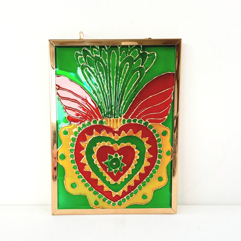 Painting, Mexico, ex-voto, heart, symbol, lucky charm, painting on glass, colored, frame, golden, decoration, handmade image 6