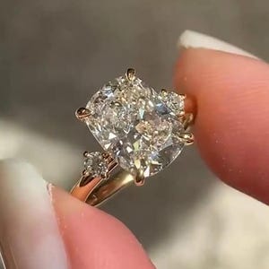 3 CT Elongated Cushion Cut Moissanite Engagement Ring, 14K Yellow Gold Ring, Three Stone Anniversary Ring For Her, Wedding Ring
