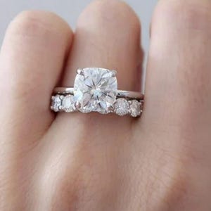3 CT Cushion Cut moissanite Bridal Ring set, 14K White Gold Solitaire Ring with Staking band, Moissanite Anniversary Ring set, Cushion Ring