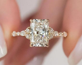 3 CT Radiant Cut Moissanite Engagement Ring Side Stone Marquise and Round Stone, Proposal Ring Art Deco Wedding Ring Christmas Gift