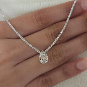2 CT Diamond Pear Necklace, 14K White Gold Lab Grown Teardrop Diamond Tennis Necklace, Beautiful White Diamond Wedding Necklace