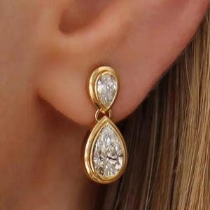 Dangle Drop Earring, 2 CT Pear Cut Moissanite Diamond Drop Earring, Anniversary Gift For Women, 14k Solid Yellow Gold Wedding Earring