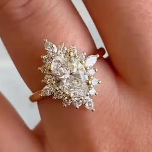 2 CT Oval Cut Moissanite Anniversary Gift Ring, Oval Moissanite Halo Starburst Ring, 14K Gold Starburst  Halo Engagement Ring, Wedding Ring