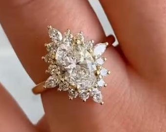 2 CT Oval Cut Moissanite Anniversary Gift Ring, Oval Moissanite Halo Starburst Ring, 14K Gold Starburst  Halo Engagement Ring, Wedding Ring