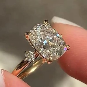 3 CT Tulip Setting Engagement Ring,  Elongated Cushion Cut Moissanite Ring, Three Stone Wedding Ring, Anniversary Gift For Her