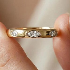 Anello di fidanzamento con moissanite taglio marquise, in oro giallo massiccio 14 carati, anello di promessa, fede nuziale delicata con diamanti, anello di proposta raffinato
