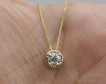 1 CT Round Cut Diamond Necklace, 14K Solid Gold Moissanite Diamond Pendant, Bezel Set Solitaire Pendent, Anniversary Gift Necklace