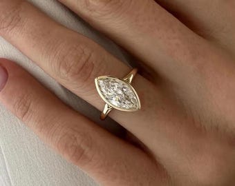 2 CT Marquise Cut Engagement Ring, 14K Solid Gold Wedding Ring, Bezel Set Marquise Moissanite Ring, Anniversary Gifts