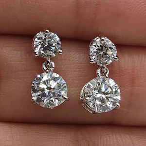 Dangle Drop Earrings, 14K Gold Moissanite 2 Stone Earrings, Diamond Dangle Studs, Wedding Earrings, Everyday Wear Sparkling Earrings