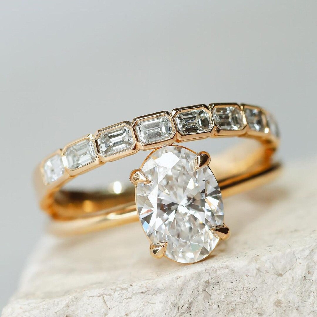 2CT Oval Cut Moissanite Engagement Ring Set, 14k Solid Yellow Gold ...