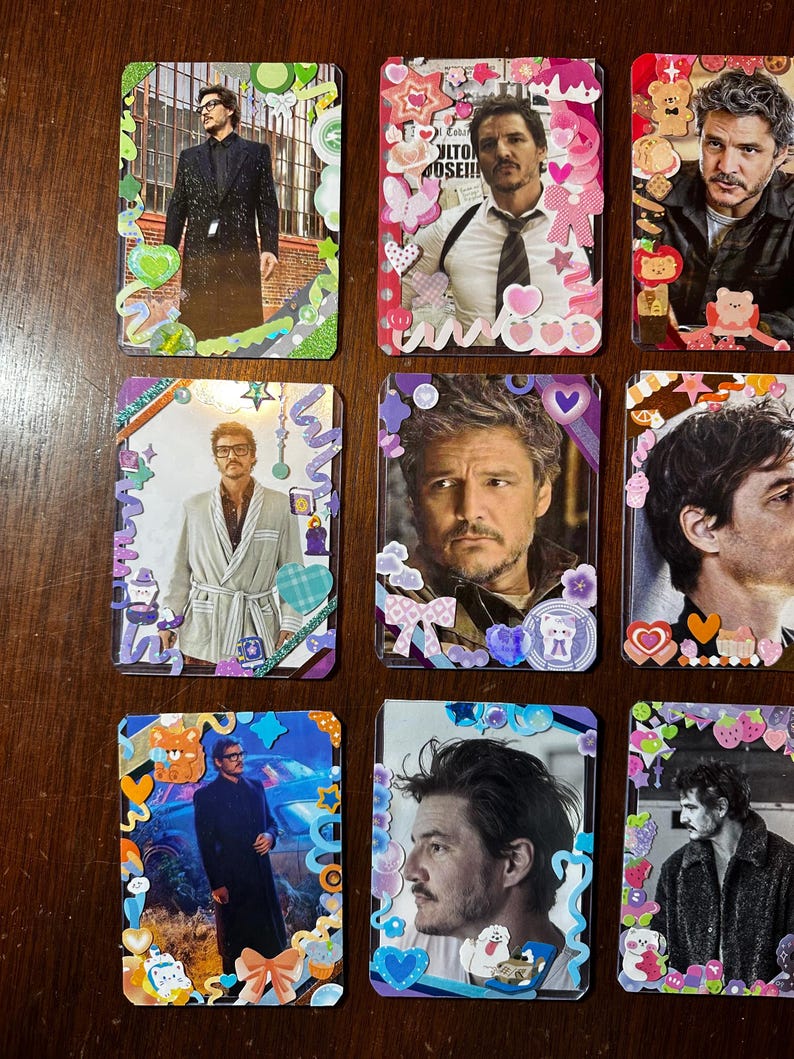 May include: Nine colourful cards featuring different images of a man with various hairstyles and outfits. Each card has a different border with colourful cartoon stickers and hearts.