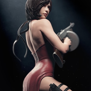 May include: A collectible figurine of a character with short dark hair wearing a red backless dress. The figure holds a silver and brown submachine gun and has a black holster strapped to the thigh. The character is posed looking over the shoulder.
