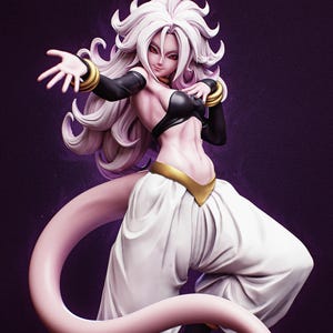 May include: A detailed anime-style figurine of a character with long, voluminous white hair, red eyes, and a long pink tail. The figure wears a black crop top, black arm sleeves with gold cuffs, and loose white trousers with a gold waistband.