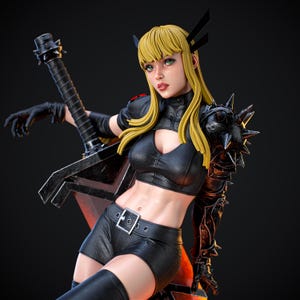 May include: A figurine of a character with long blonde hair and green eyes, wearing a black cropped top, black shorts with a silver buckle belt, and a spiked shoulder pauldron. A large, dark, spiked sword is positioned behind the figure.