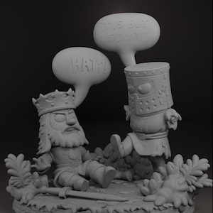 May include: A grey 3D-printed figurine of a king and a knight in a battle scene. The king is on the ground with a sword nearby, and the knight is standing. Speech bubbles above them read "WHAT?!" and "'Tis but a scratch."