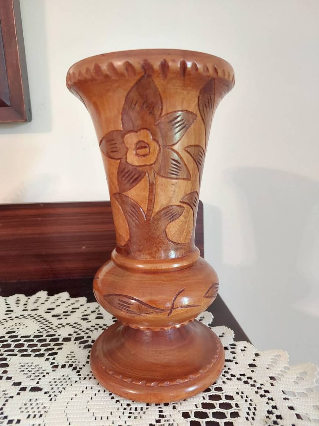 BOHO Hand Carved Wood Vase Vessel Floral Leaf Design 9 Turned Wood Base