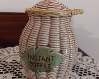 Vintage Retro Instant Coffee Ceramic Canister Tilso Beige Basketweave Japan EUC