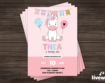 Editable Unicorn Birthday Invitation, Unicorn Theme Party, Girls First Birthday Invitation, Canva Template