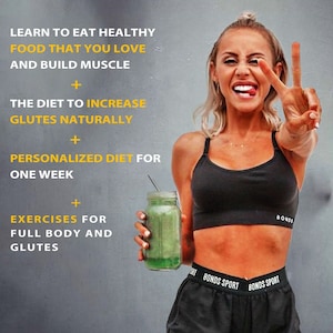 Może przedstawiać: Kobieta w czarnych sportowych spodenkach i czarnym sportowym biustonoszu trzyma zielony smoothie w jednej ręce i pokazuje znak pokoju drugą. Tekst na obrazku brzmi: "Naucz się zdrowo jeść jedzenie, które kochasz i budować mięśnie + Dieta, aby zwiększyć pośladki w naturalny sposób + Spersonalizowana dieta na tydzień + Ćwiczenia dla całego ciała i pośladków autorstwa Kate Smith."