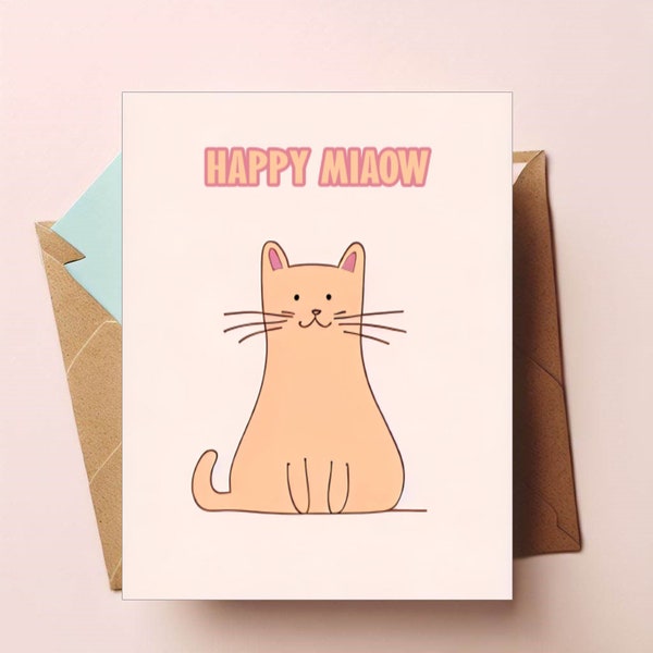Fat Sweet Cat Birthday Card, Happy Miaow Card ,Simple and Minimalist Design Printable PDF