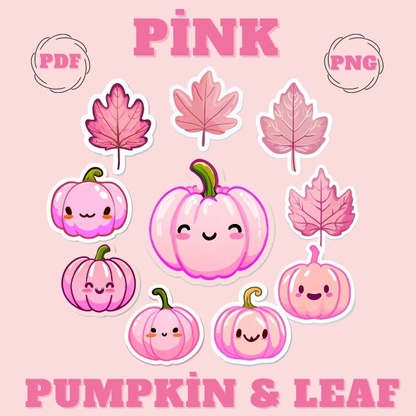 Pink Pumpkin and Autumn Leaves Sticker Bundle , Cute Autumn Decor Pdf & Png