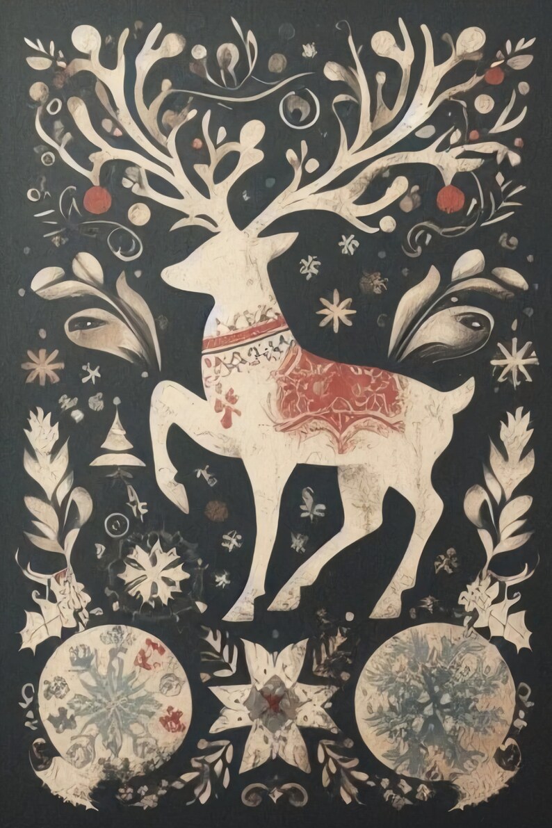 Retro Style Reindeer Printable Wall Art Christmas Wall Decor Etsy
