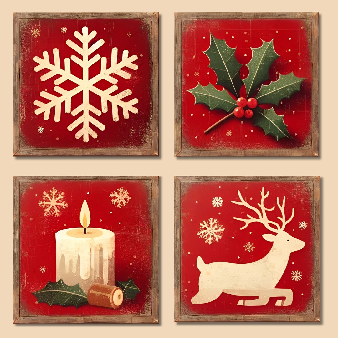 Christmas Themed Vintage Style Mini Wall Art Bundle Square - Etsy