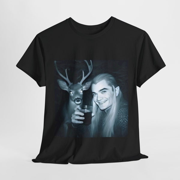 Fun Cheers by Legolas and the Deer at the Night Graphic T-Shirt - Whimsical Middle-earth Print Tee