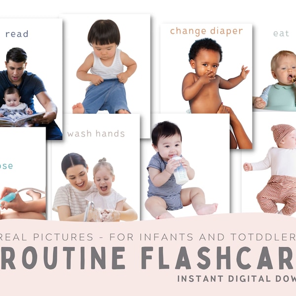 Montessori Every Day Routine Action Flashcards for Infants and Toddlers. 16 Cards with Real Pictures. Instant Download.