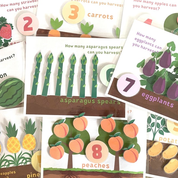 Count and Match Fruits and Vegetables. Learn to Count. Harvest and Match Crops at a Farm. Toddler Preschool. Instant Download.