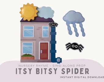 May include: A printable sing-along prop for the nursery rhyme "Itsy Bitsy Spider". The prop features a house with a spider, a sun, a cloud with raindrops, and a spider descending a downspout.