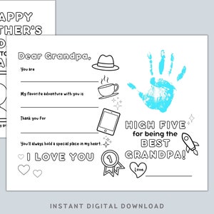Vaderdagkaart voor opa van Kids. Handafdrukkunst, vul de lege plekken in, kleuractiviteit. Cadeau voor opa. Digitaal afdrukbaar.