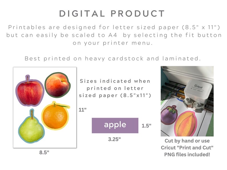 May include: Printable digital stickers of an apple, peach, orange, and pear. The stickers are designed for letter-sized paper (8.5 inches by 11 inches) and can be scaled to A4 size. The image shows the stickers printed on cardstock and cut out using a Cricut machine. The text "Sizes indicated when printed on letter sized paper (8.5"x11")" and "Cut by hand or use Cricut "Print and Cut" PNG files included!" is also included in the image.