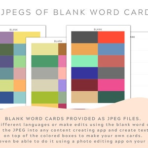 May include: Four blank word cards with different colored squares. The cards are labeled "BLANK" and are ready to be used for creating your own word cards.