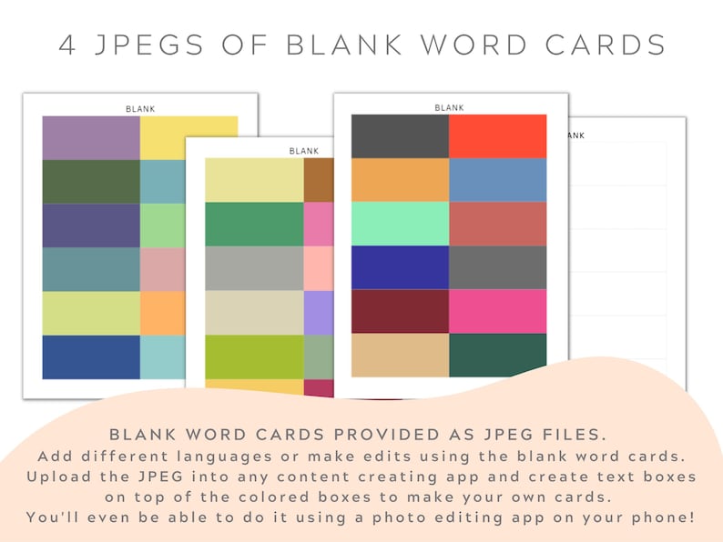 May include: Four blank word cards with different colored squares. The cards are labeled "BLANK" and are ready to be used for creating your own word cards.