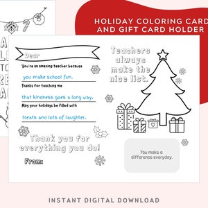 Carte de vacances à colorier pour professeur, conçue pour les enfants. Porte-cartes cadeau de Noël pour les enseignants, veuillez remplir le champ vide. Idée cadeau de Noël. Imprimable.