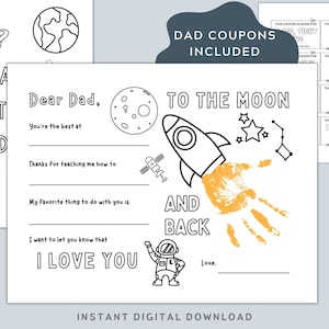 Tarjeta del Día del Padre de Kids. Arte de huellas de manos con temática espacial, completar los espacios en blanco, actividad para colorear. Regalo para papá. Imprimible digitalmente.