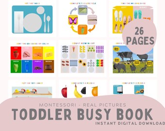 Montessori Busy Book for Toddlers with Real Pictures. Toddler Learning Book Printable. Preschool, Homeschool Activities. Digital Download.