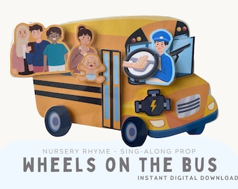 Utskrivbara rekvisita med hjul på bussen. Barnvisor, aktivitet för baby och småbarn. Direkt nedladdning.