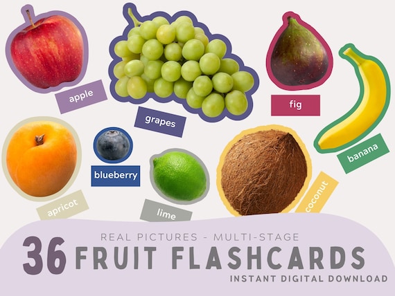 36 Fruit Flashcards with Real Pictures. Montessori Flashcards. Educational Multi-stage Activity. Color Matching. PDF, PNG. Instant Download.