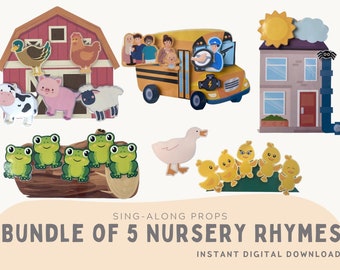 Bundle of 5 Nursery Rhyme Props. Wheels on the Bus, Old MacDonald, 5 Little Ducks, 5 Speckled Frogs, Itsy Bitsy Spider. Instant Download.