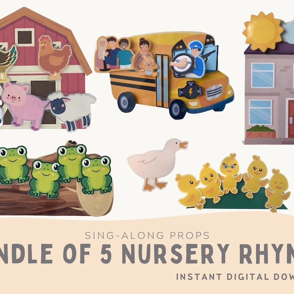 Bundle of 5 Nursery Rhyme Props. Wheels on the Bus, Old MacDonald, 5 Little Ducks, 5 Speckled Frogs, Itsy Bitsy Spider. Instant Download.