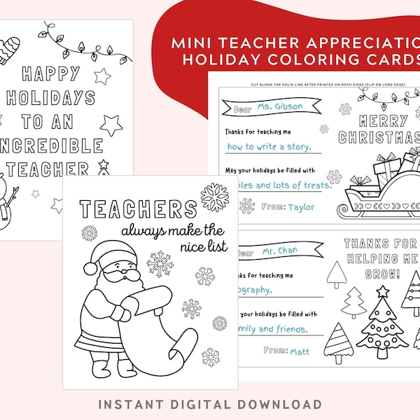 Teacher Christmas Card from Kids Printable. Fill in the Blank and Coloring Thank You Card. Holiday Teacher Appreciation Gift.