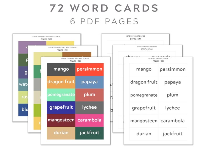 May include: A set of 6 printable PDF pages with 72 word cards featuring the names of different fruits in English. Each page has a color-coded section with the fruit name and a matching color square.