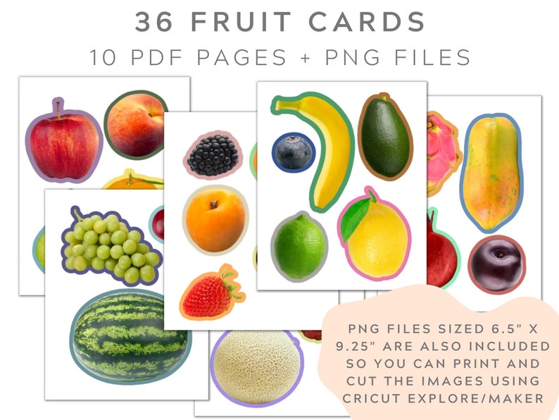 May include: 36 printable fruit cards for crafts or educational activities. The cards feature a variety of fruits, including apples, bananas, grapes, watermelons, and more. The cards are available in PDF and PNG formats, with the PNG files sized 6.5" x 9.25".
